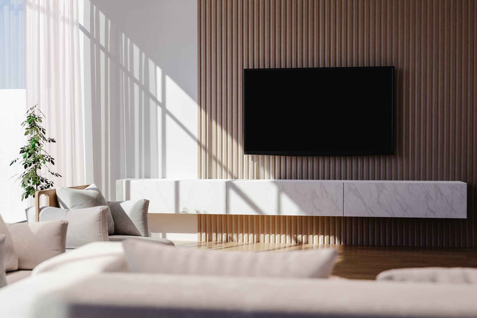 Modern TV area with wooden panels