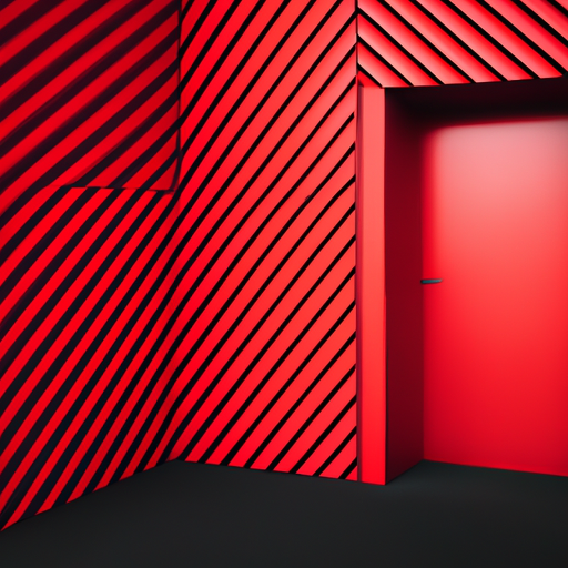 מבט מהצד של דלת כניסה אדומה בוהקת עם דפוס טפט גיאומטרי